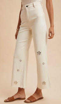 Anniewear - Stretch Eyelet Embroidery Detail Wide Leg Pants