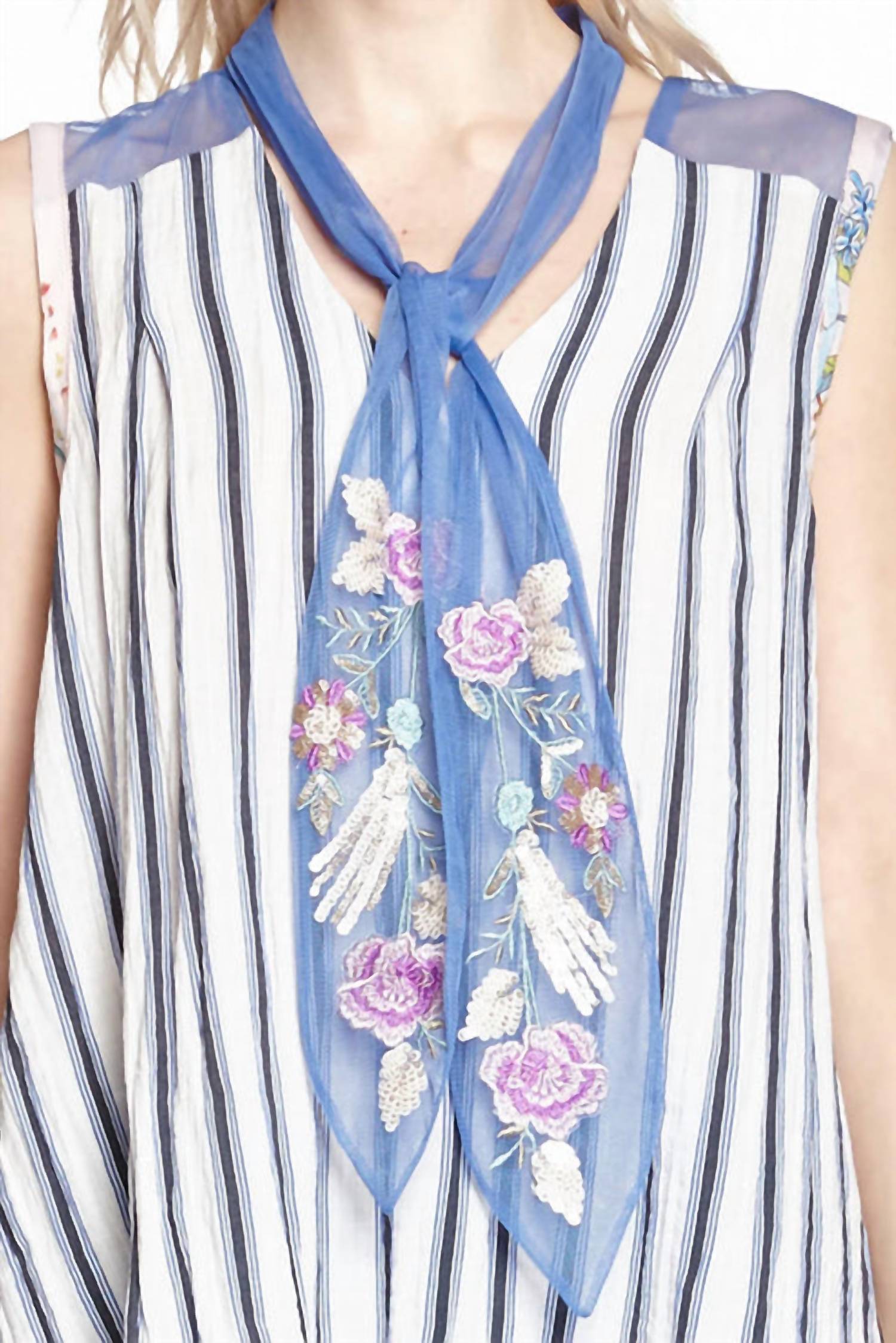 Aratta - Sleeveless Sequin Embroidered Mesh Neck Tie Top