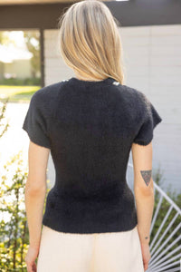 Voy - Pearl Neckline Short Sleeve Fur Knit Top