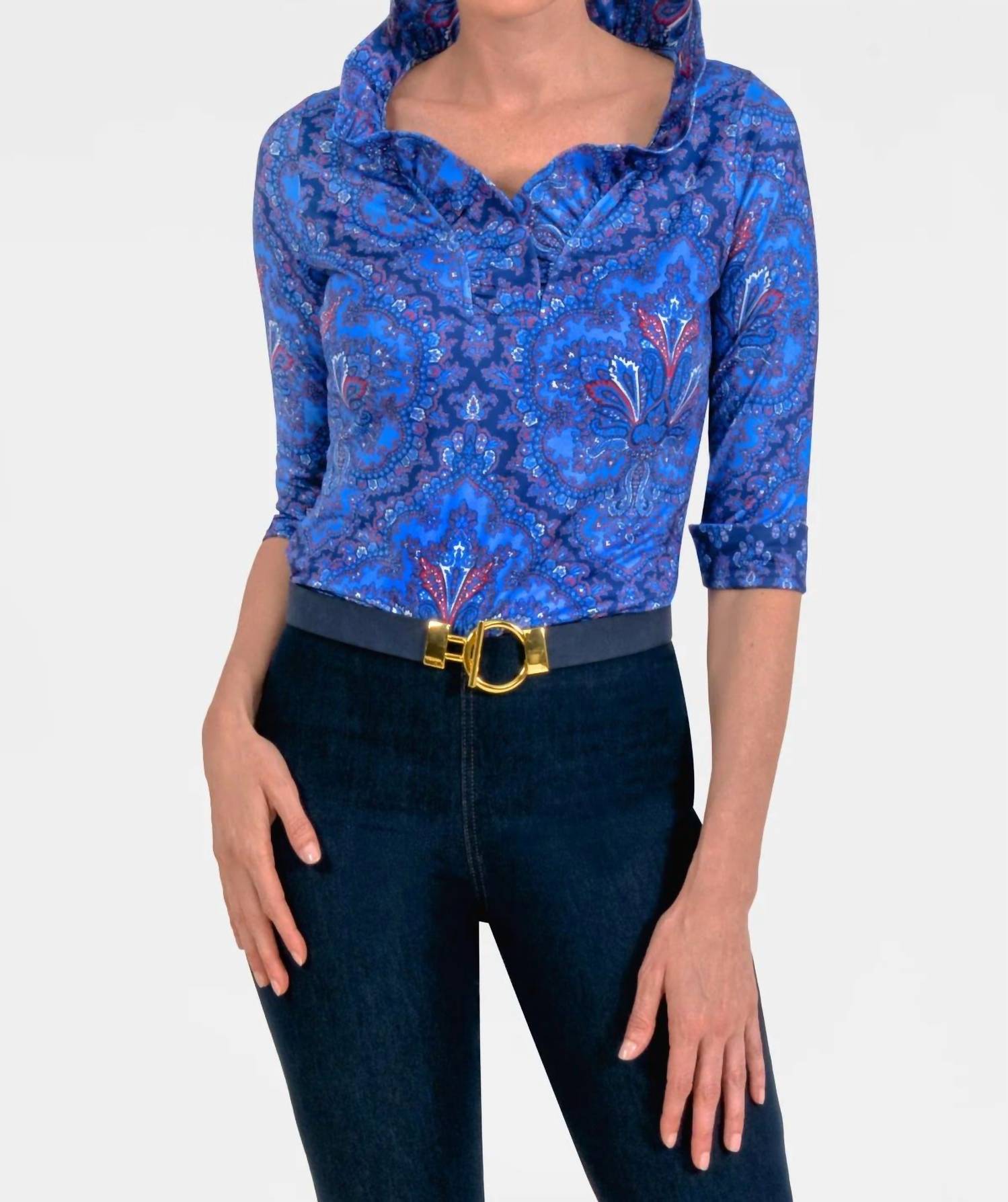 GRETCHEN SCOTT Quarter Sleeve Ruffneck Top in passion paisley imari - women's blouse