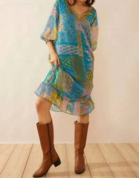 Bohera - Vibrant Patchwork Print V-Neck Dress