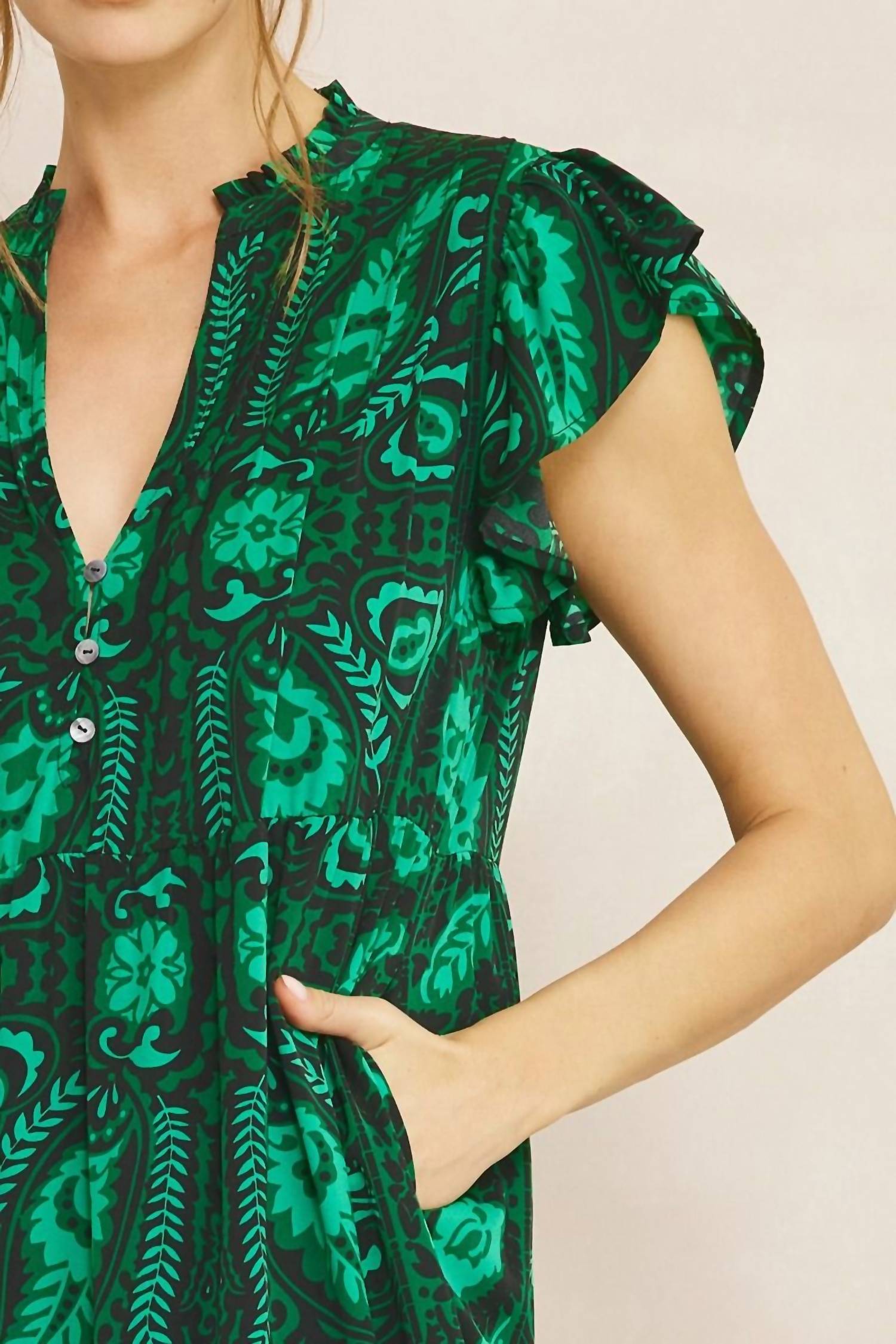 entro Floral & Leaf Ruffle Midi Dress in green - women's dress - view 5
