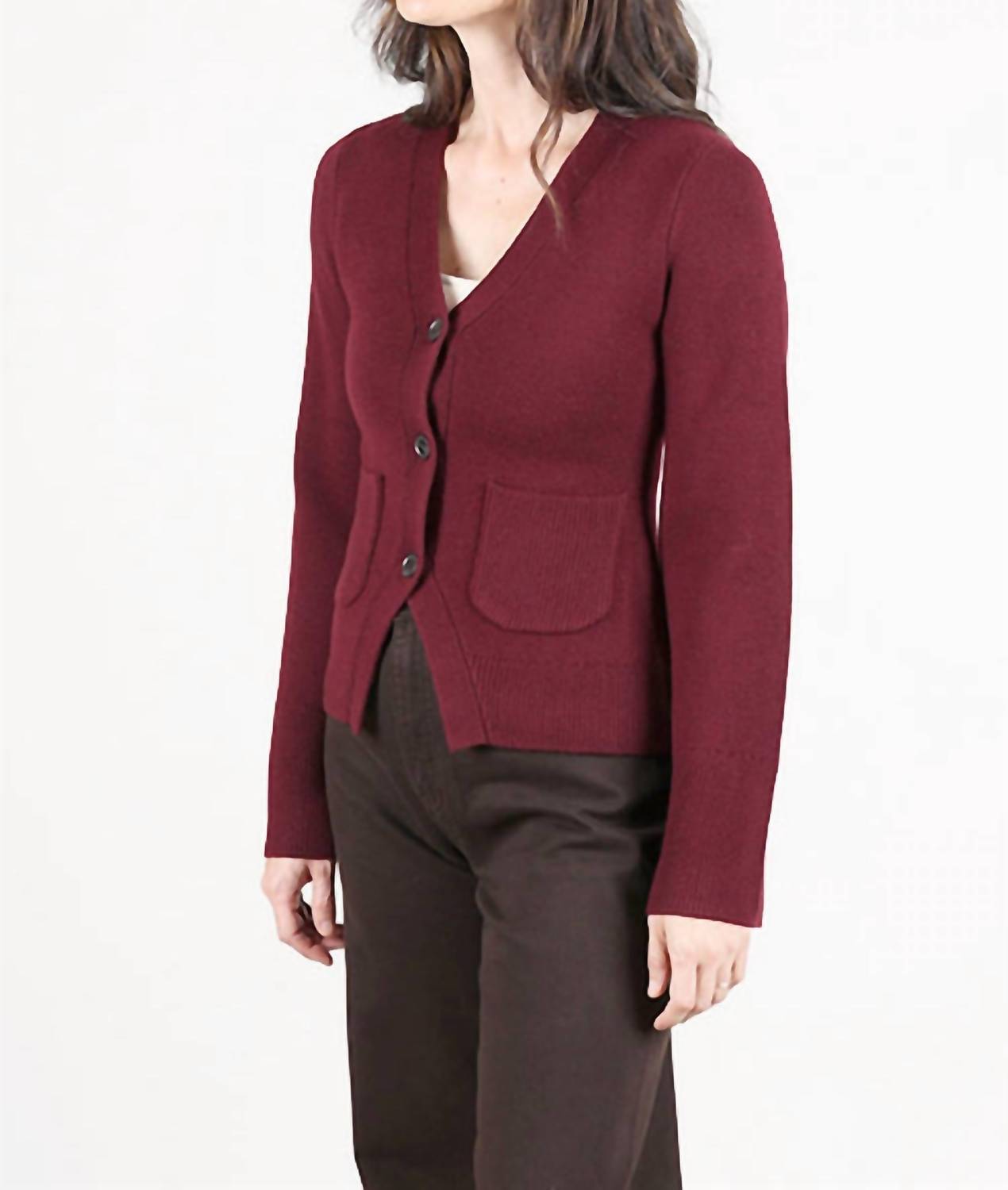 PISTOLA Aeron V-neck Cardigan in claret 2 - women's cardigan - detail view