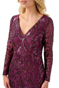 Adrianna Papell - V-neck Long Sleeve Mermaid Sequined Mesh Knit Gown
