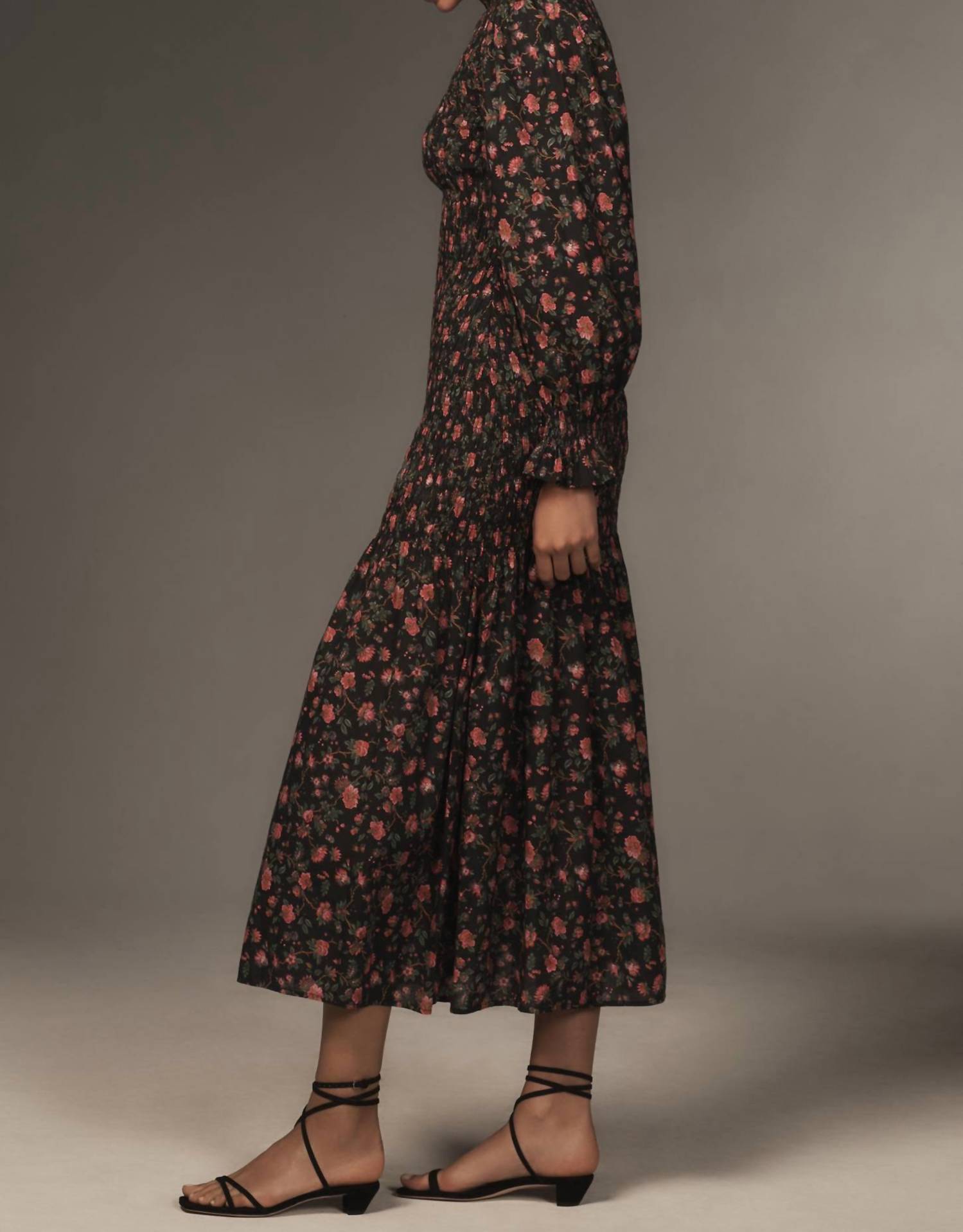RHODE Women's Eliza Smocked Midi Dress in ink morlaix fleur - women's dress - alternate view