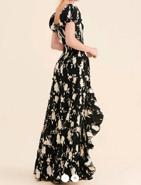Muche & Muchette Sakura Hi-low Ruffled Floral Dress in black ivory - women's dress - detail view
