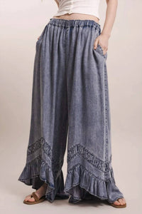 Blue Velvet - Asymmetrical Ruffle Hem Wide Leg Pants