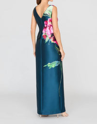 Kay Unger Luciana Column Gown with Flower in blue opal - women's dress - detail view