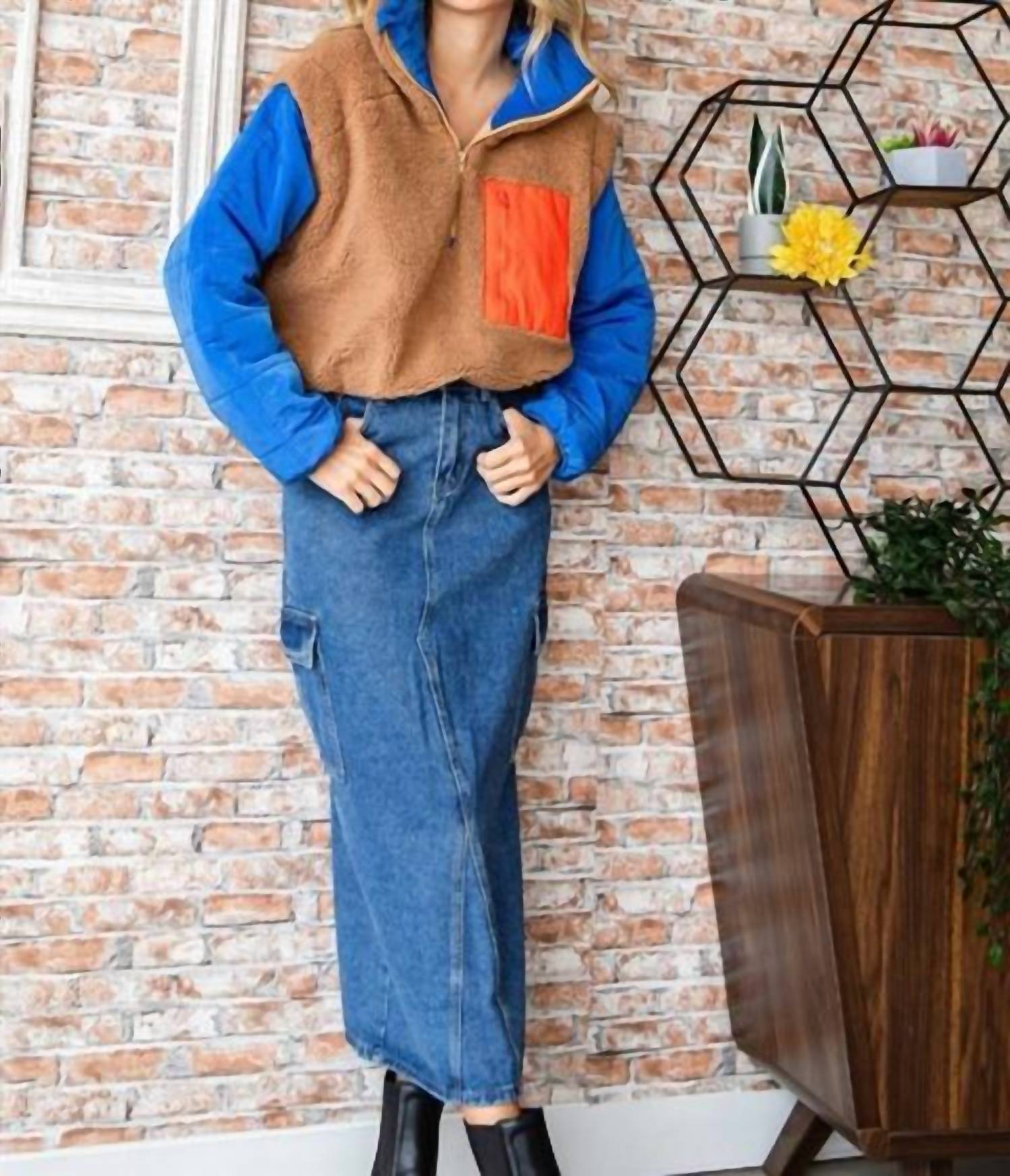 Veveret - Colorblock Fleece Quilted Puffer Pullover Jacket