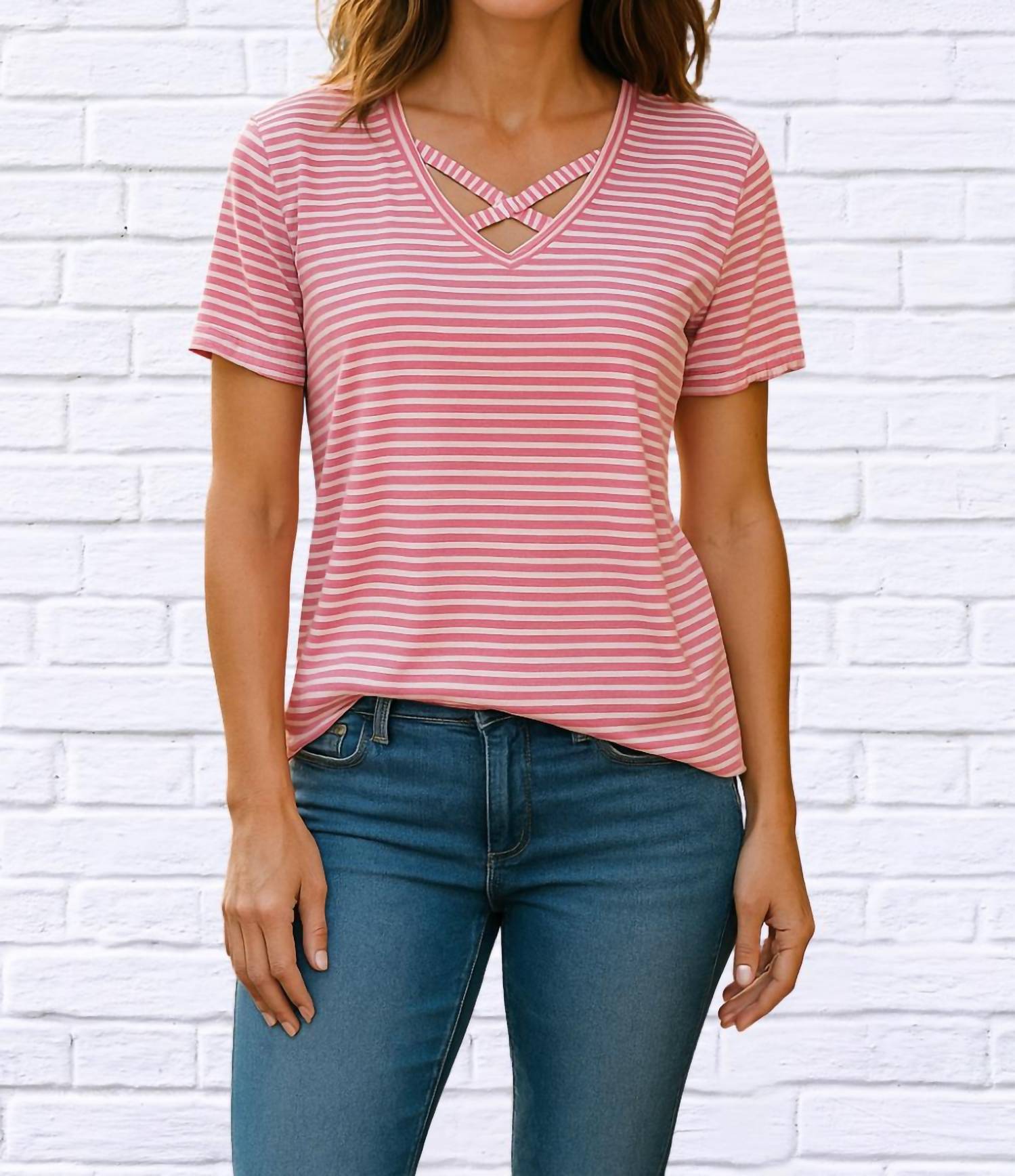 E. Luna Criss Cross Neckline T Shirt in pink and white stripe - women's t-shirt