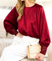 Vine & Love - Sequin Cuff Accent Boat Neck Satin Blouse