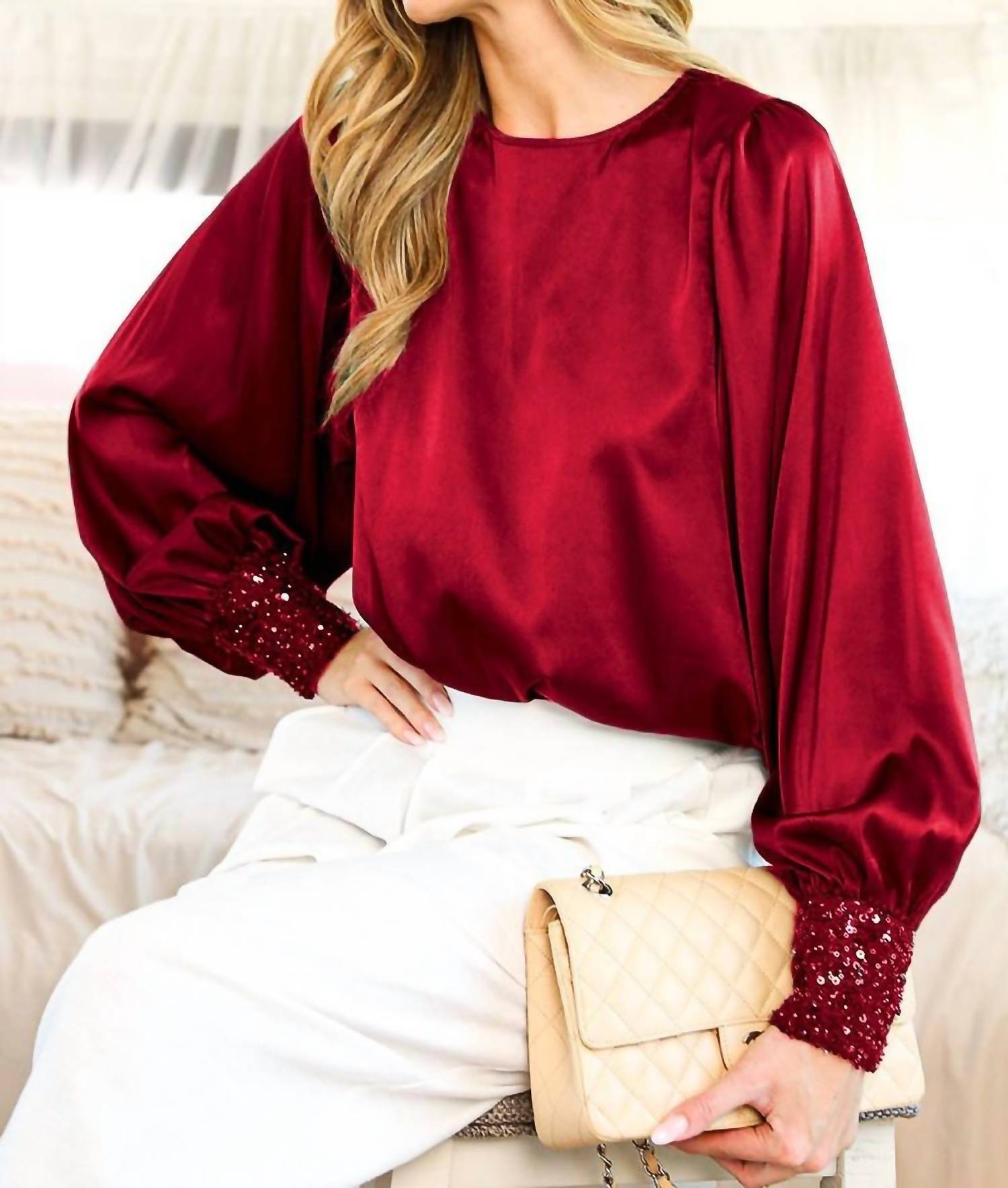 Vine & Love - Sequin Cuff Accent Boat Neck Satin Blouse