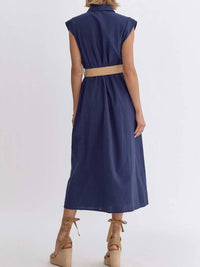 entro Linen Style Belted Midi Dress in navy - women's dress - view 5
