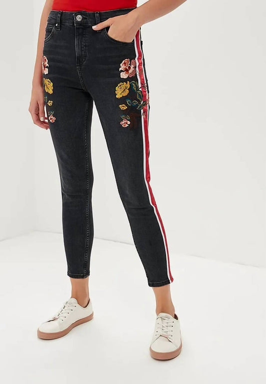 Topshop - Moto Stripe Floral Embroidery High Rise Skinny Jeans