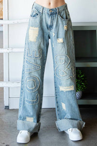 Oli & Hali Women's Washed Love Letter Patched Jeans in blue - women's jeans