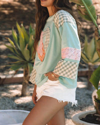 Little Daisy Closet Plaid Floral Patchwork Heart Shape Long Sleeve Top in clearly aqua - women's top - detail view