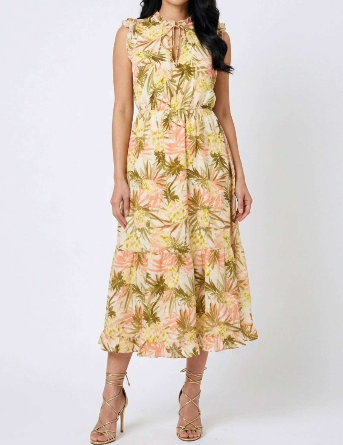 Laundry By Shelli Segal - Pinapple Print Ruffle Cap Sleeve Midi Dress
