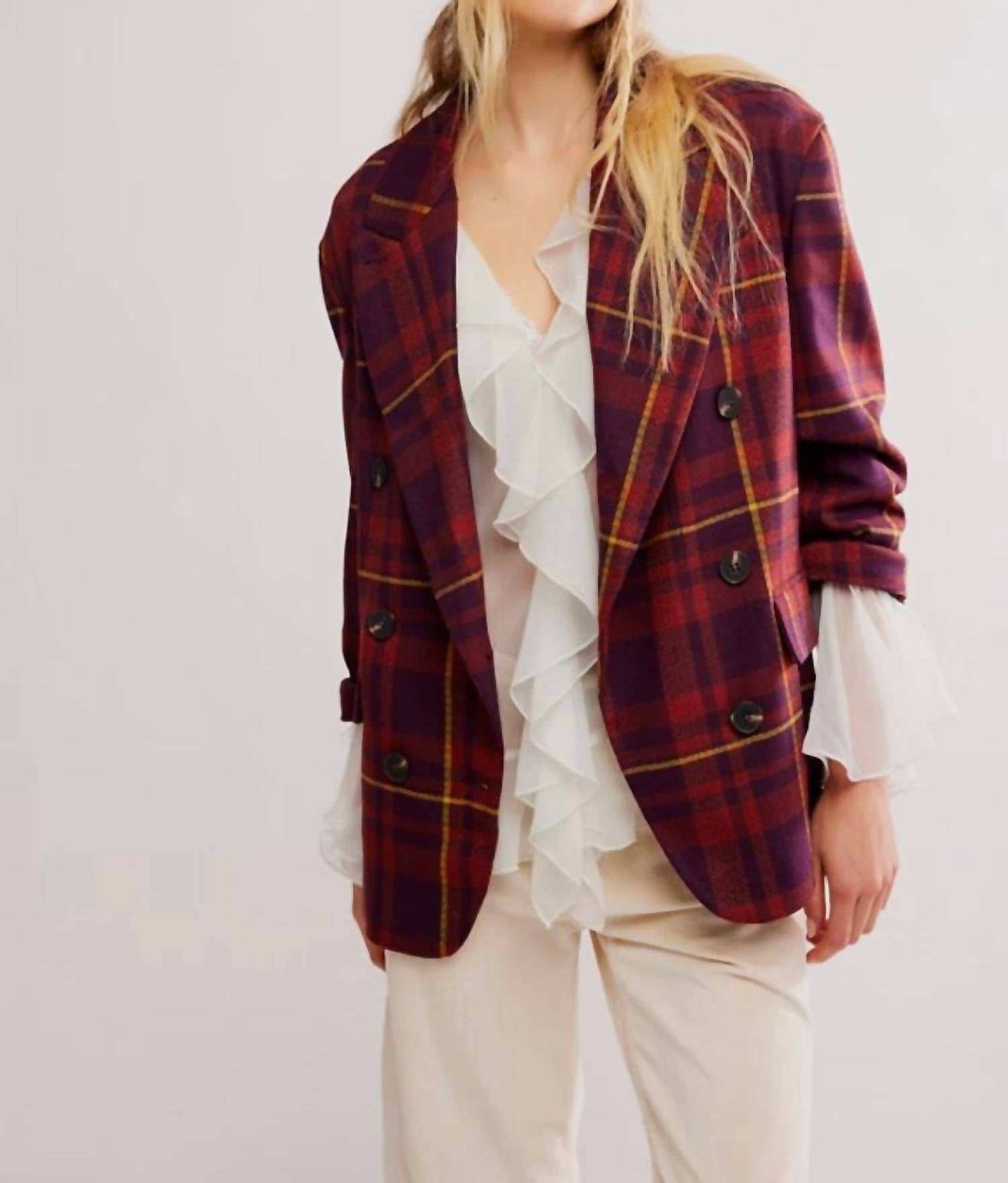 Free People Dean Double-breasted Blazer in plum combo 1 - women's jacket - detail view