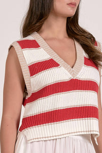 ELAN V Neck Sleeveless Sweater in red wht - women's sweater - alternate view