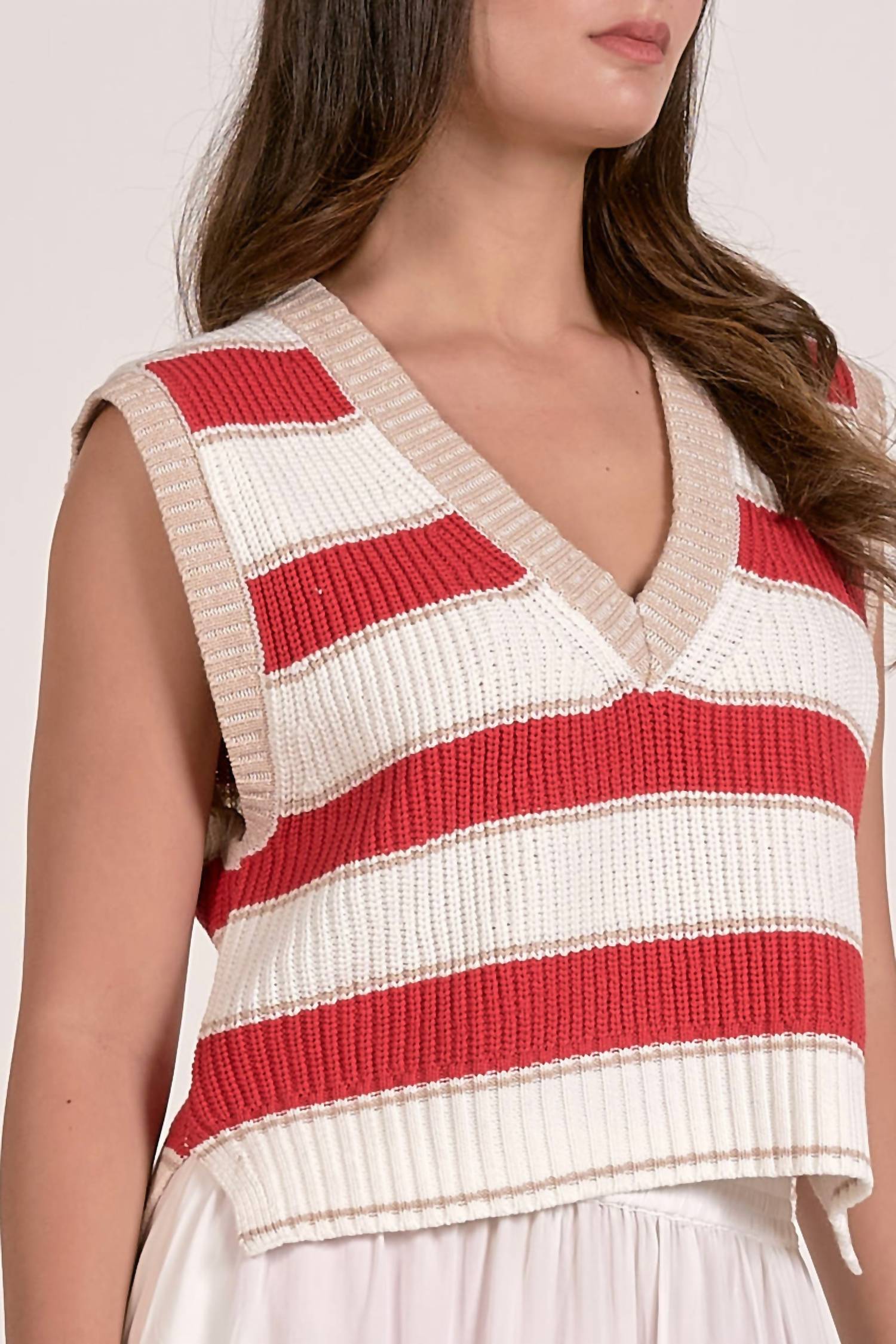 ELAN V Neck Sleeveless Sweater in red wht - women's sweater - alternate view