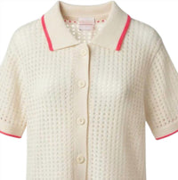 Brodie Cashmere Women's Short Sleeve Jacket in organic white flamingo - women's blouse - detail view