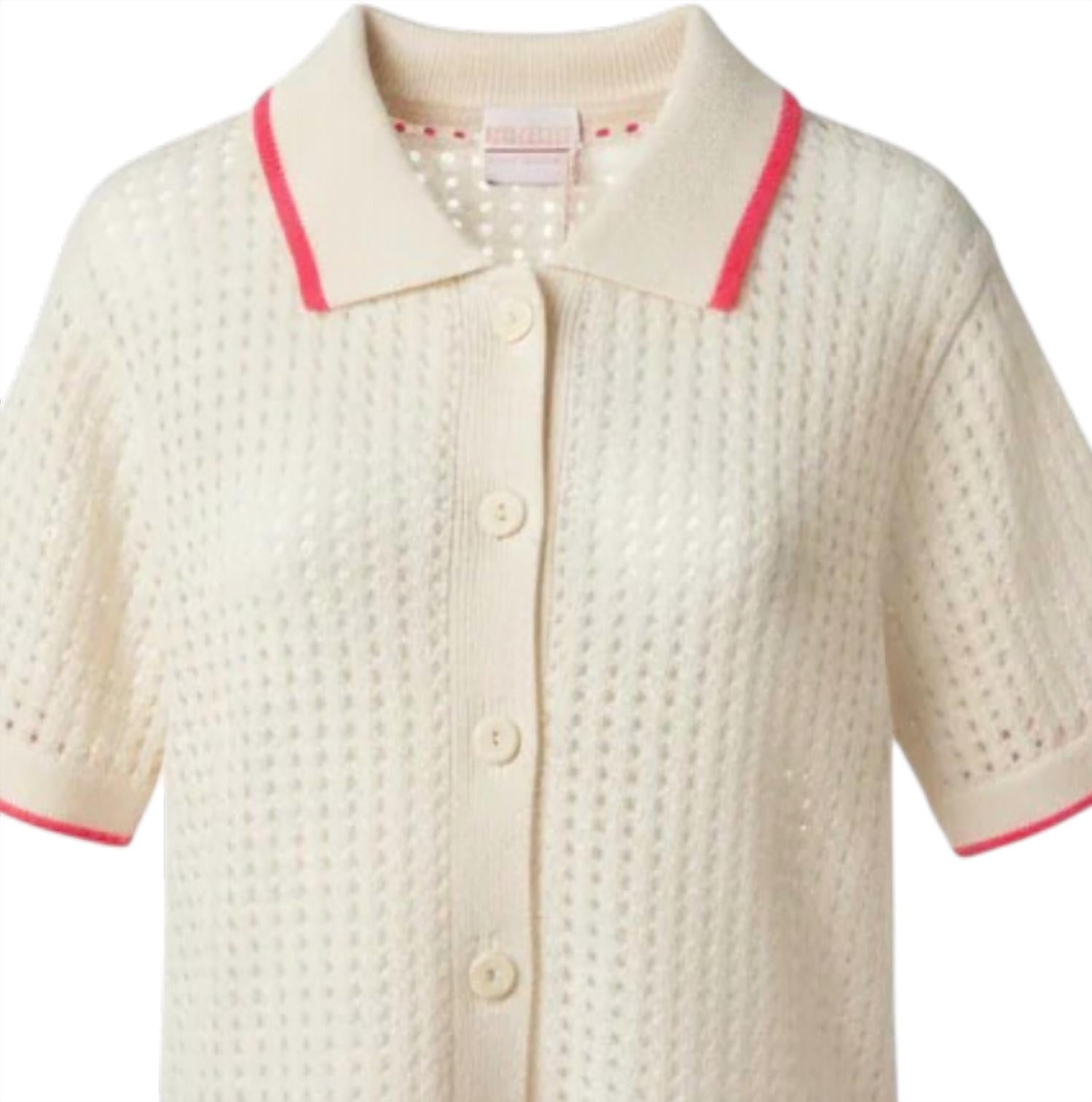 Brodie Cashmere Women's Short Sleeve Jacket in organic white flamingo - women's blouse - detail view