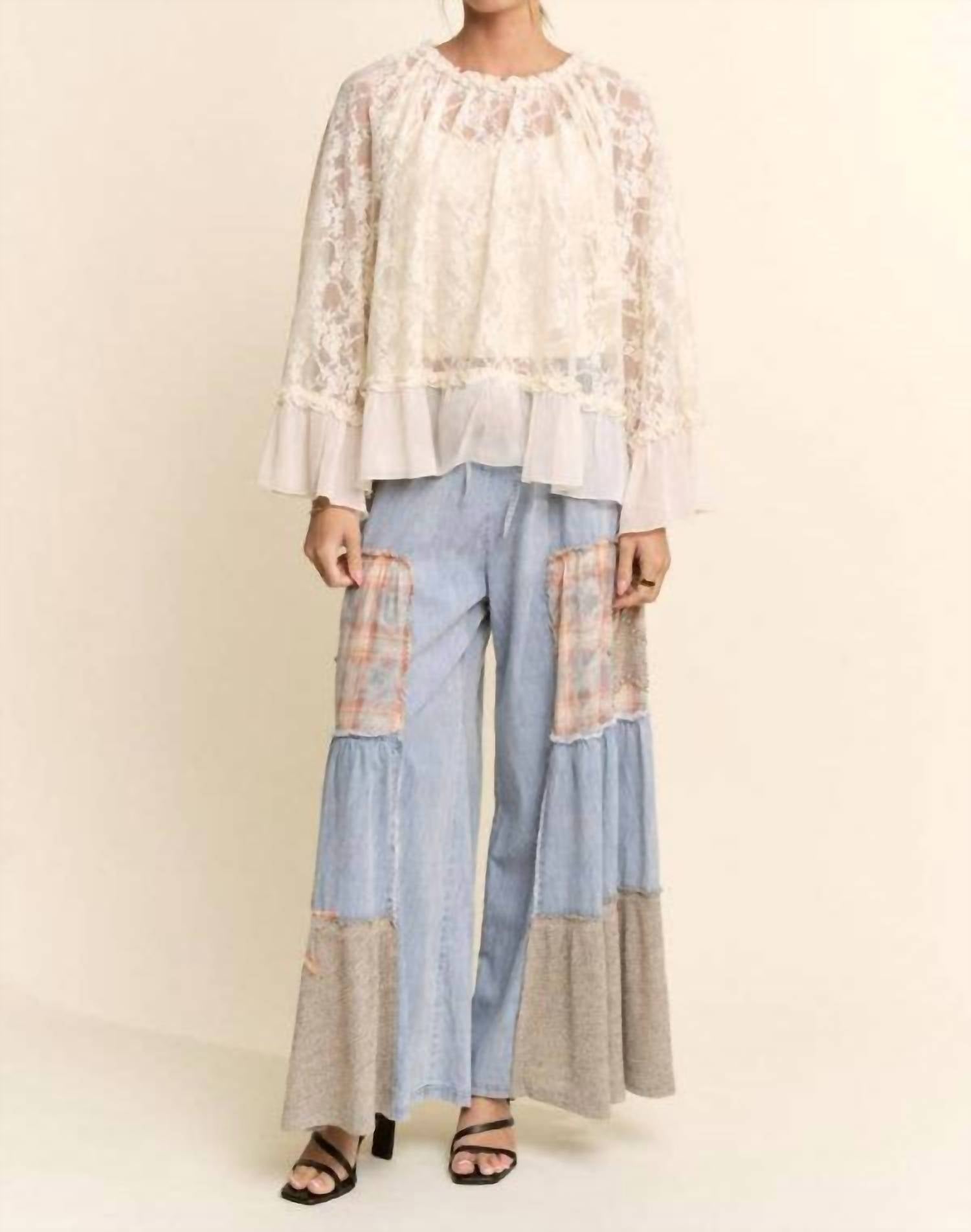 Davi & Dani - Sheer Floral Lace Bell Sleeve Blouse
