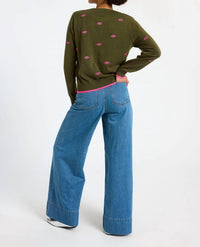 Brodie Cashmere Leila Embroidered Lips Crew Top in khaki pink - women's sweater - detail view