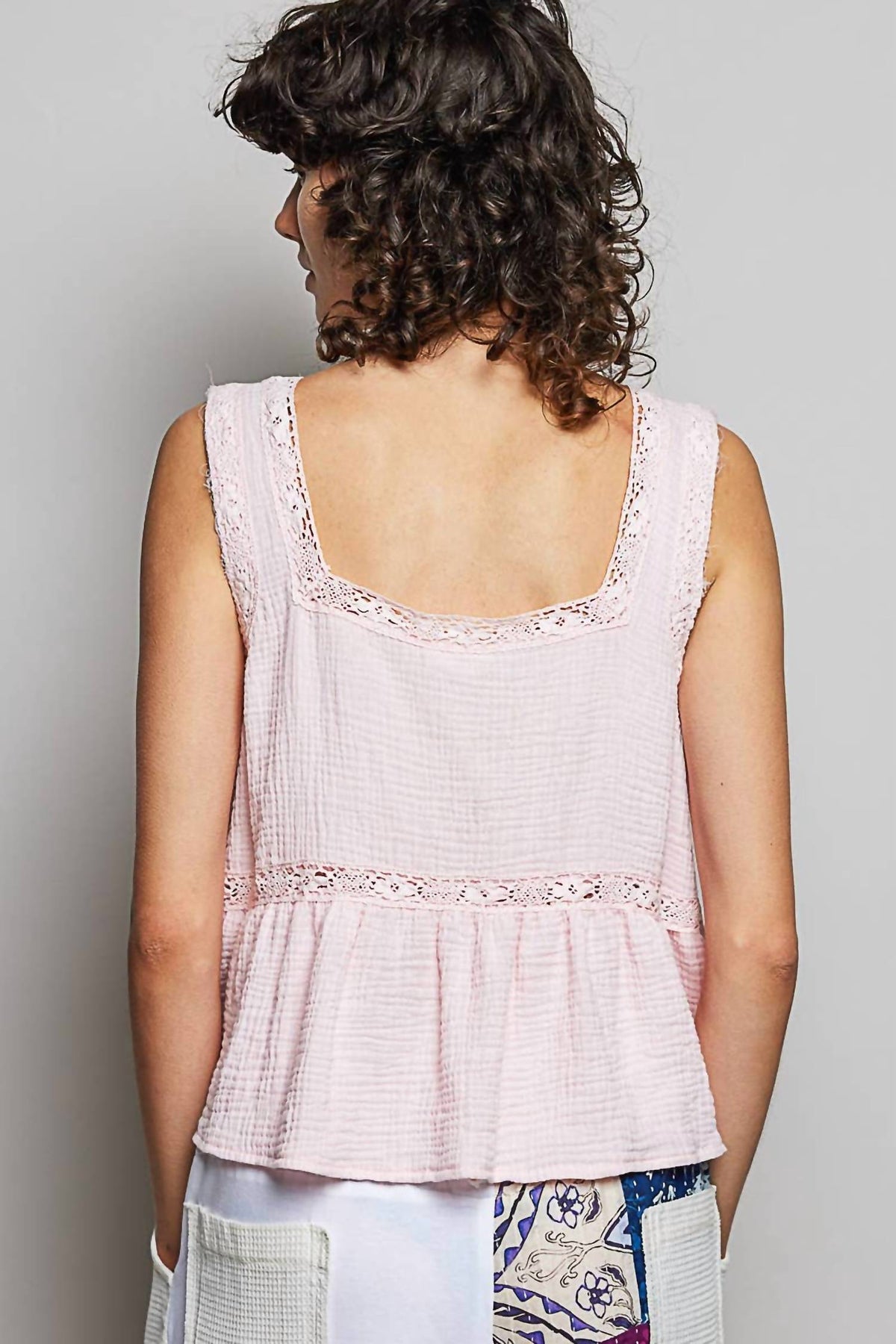 Pol - Double Gauze Floral Shirring Square Neck Sleeveless Top