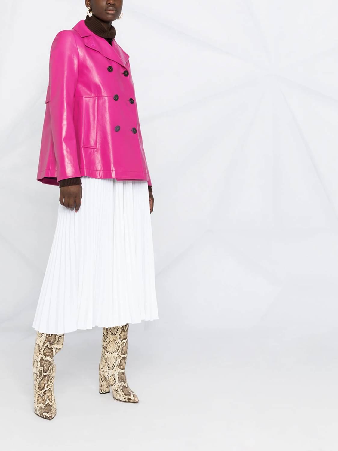 Valentino Double Breasted Leather Jacket in shocking pink - women's jacket - view 4