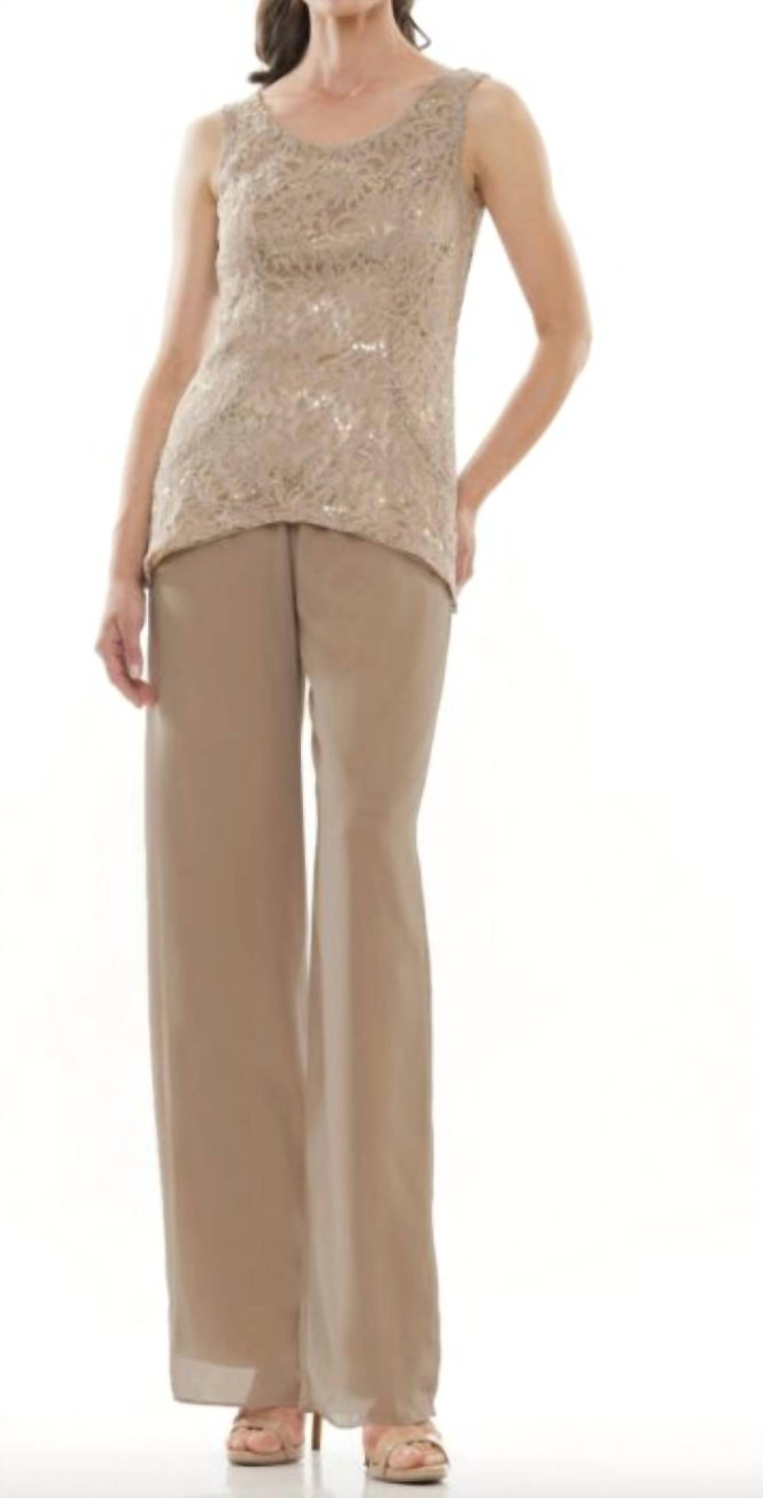 Marsoni by Colors Layered Jacket Three Piece Pant Suit in bermuda sand - women's blouse