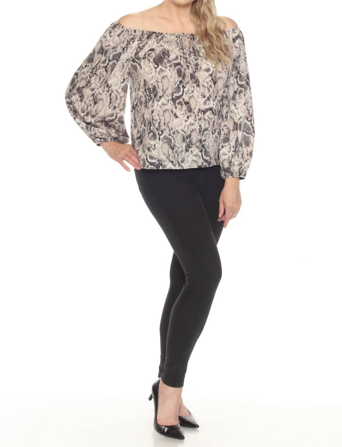 Joseph Ribkoff Snakeskin Print Off-shoulder Top in beige multi - women's blouse - view 5