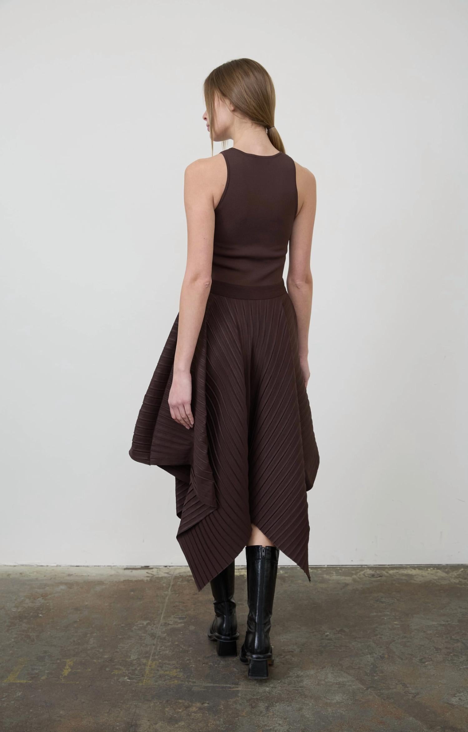 Moon River - Women's Mixed Media Asymmetric Midi Dress