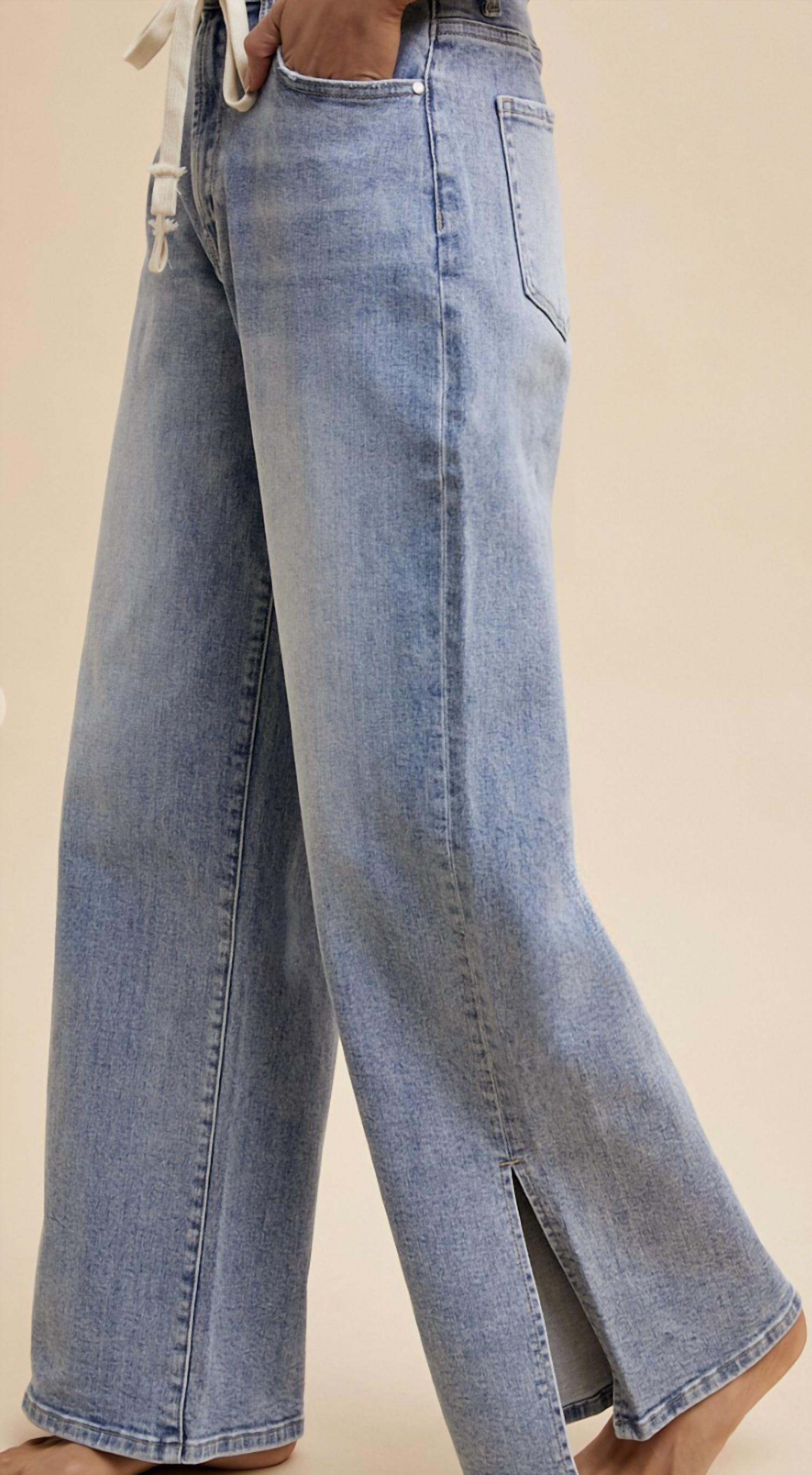 Anniewear - Waist Strap Detail Stretch Side Slit Wide Leg Jean