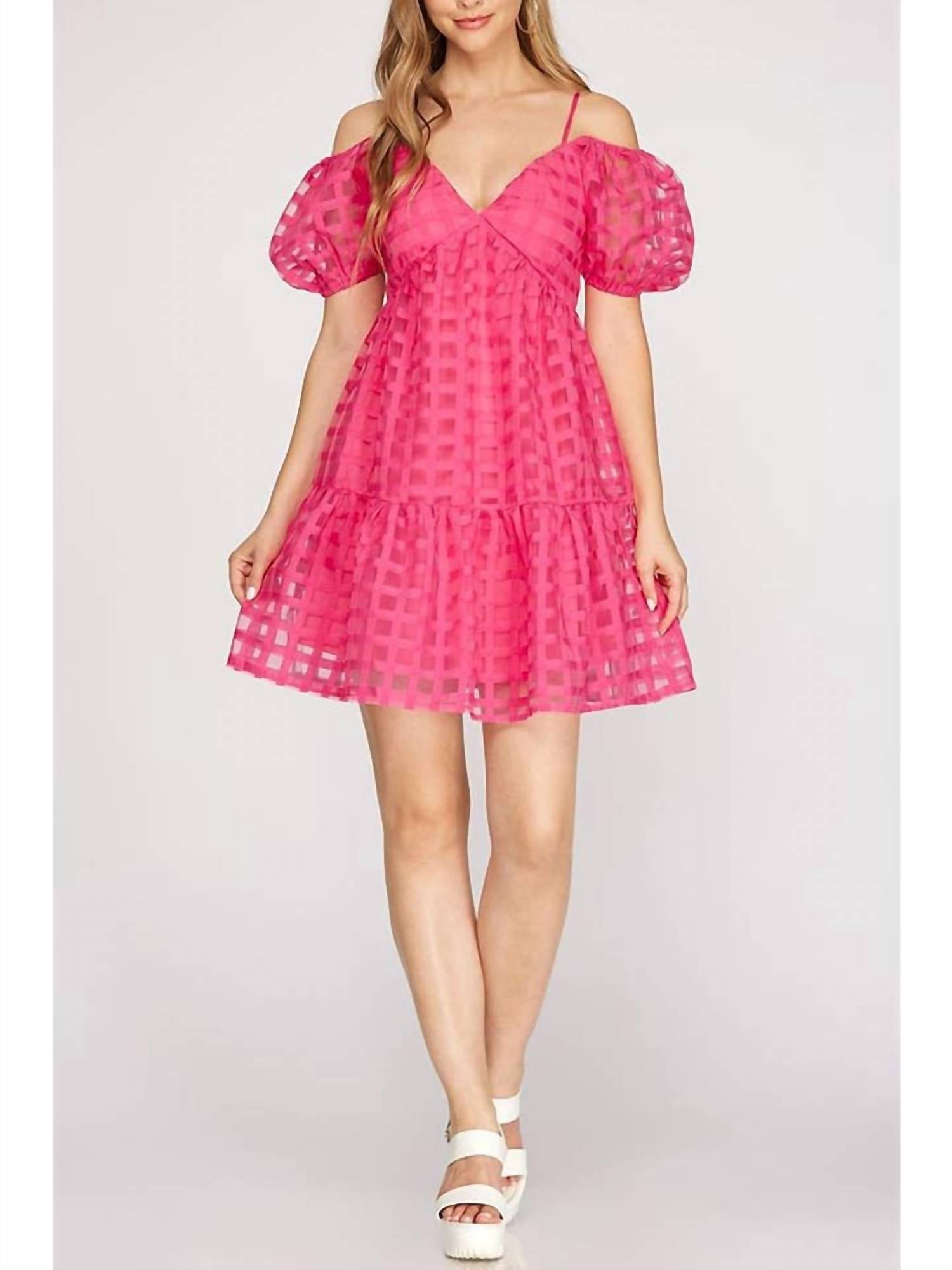 SHE + SKY Puff Sleeve Checker Organza Dress in pink - women's dress