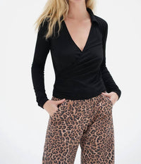 LNA Camryn Wrap Long Sleeve Top in black - women's blouse - alternate view