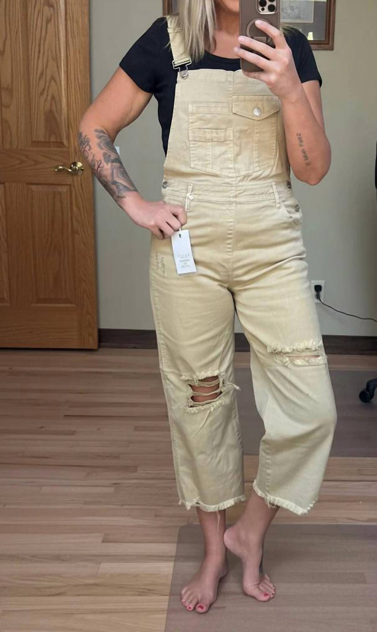 Risen - High Rise Distressed Denim Overalls