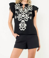 THML Flutter Sleeve Embroidered Textured Top in black - women's blouse