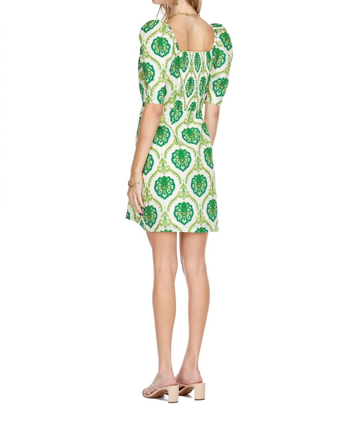 Joy Joy Women's Puff Sleeve Fitted Dress in green motif - women's dress - detail view