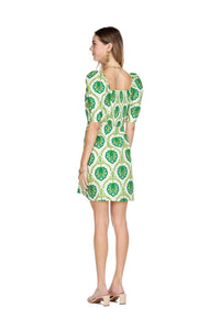 Joy Joy Women's Puff Sleeve Fitted Dress in green motif - women's dress - alternate view