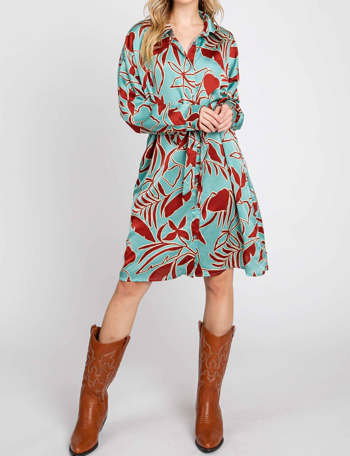 Elleborn - Printed Satin Midi Shirt Dress
