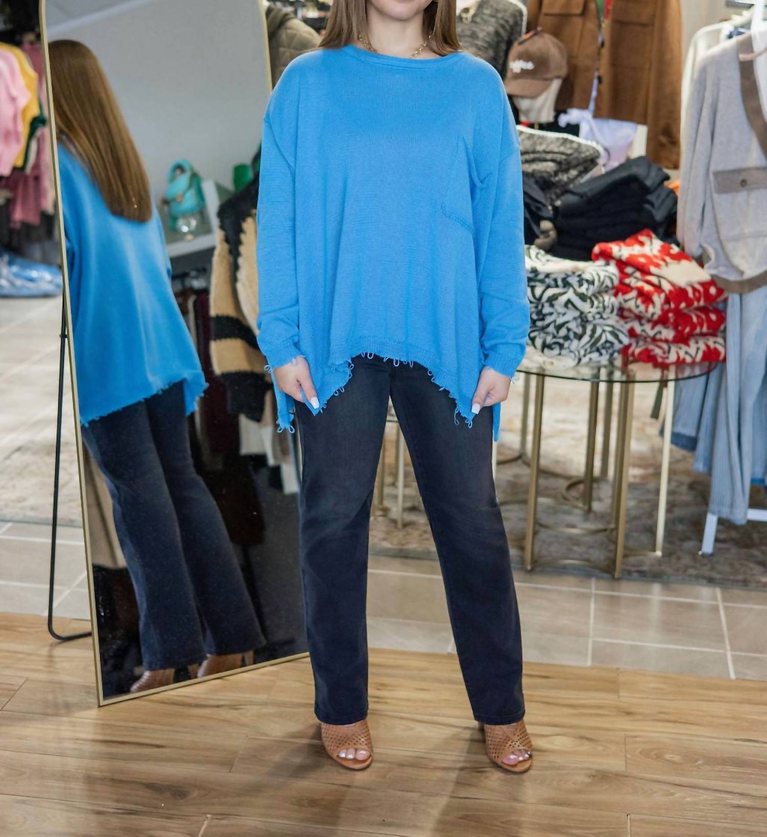 Easel Makenzie Knitted Destructive Sweater in denim blue - women's sweater - detail view