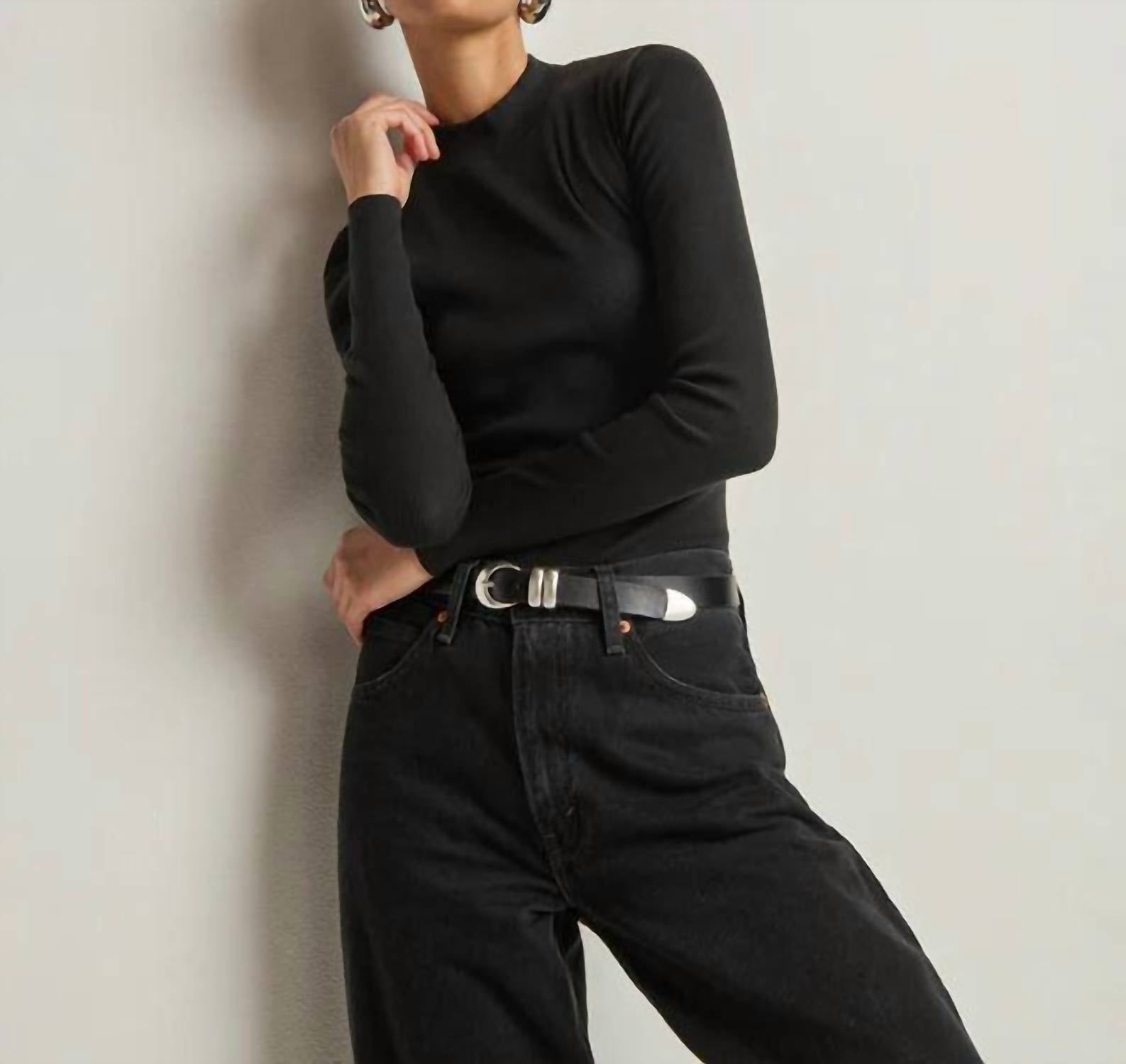 Nation LTD Gina Slim Mock Neck Top in black - women's long sleeve top - detail view
