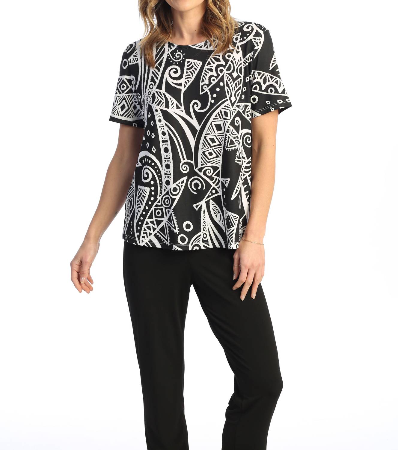 Jess & Jane Mystery Short Sleeve Top in black white - women's t-shirt - detail view