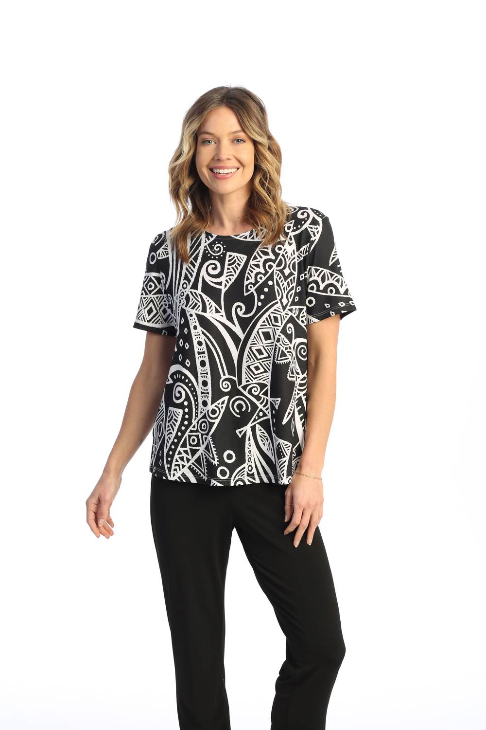 Jess & Jane Mystery Short Sleeve Top in black white - women's t-shirt - alternate view