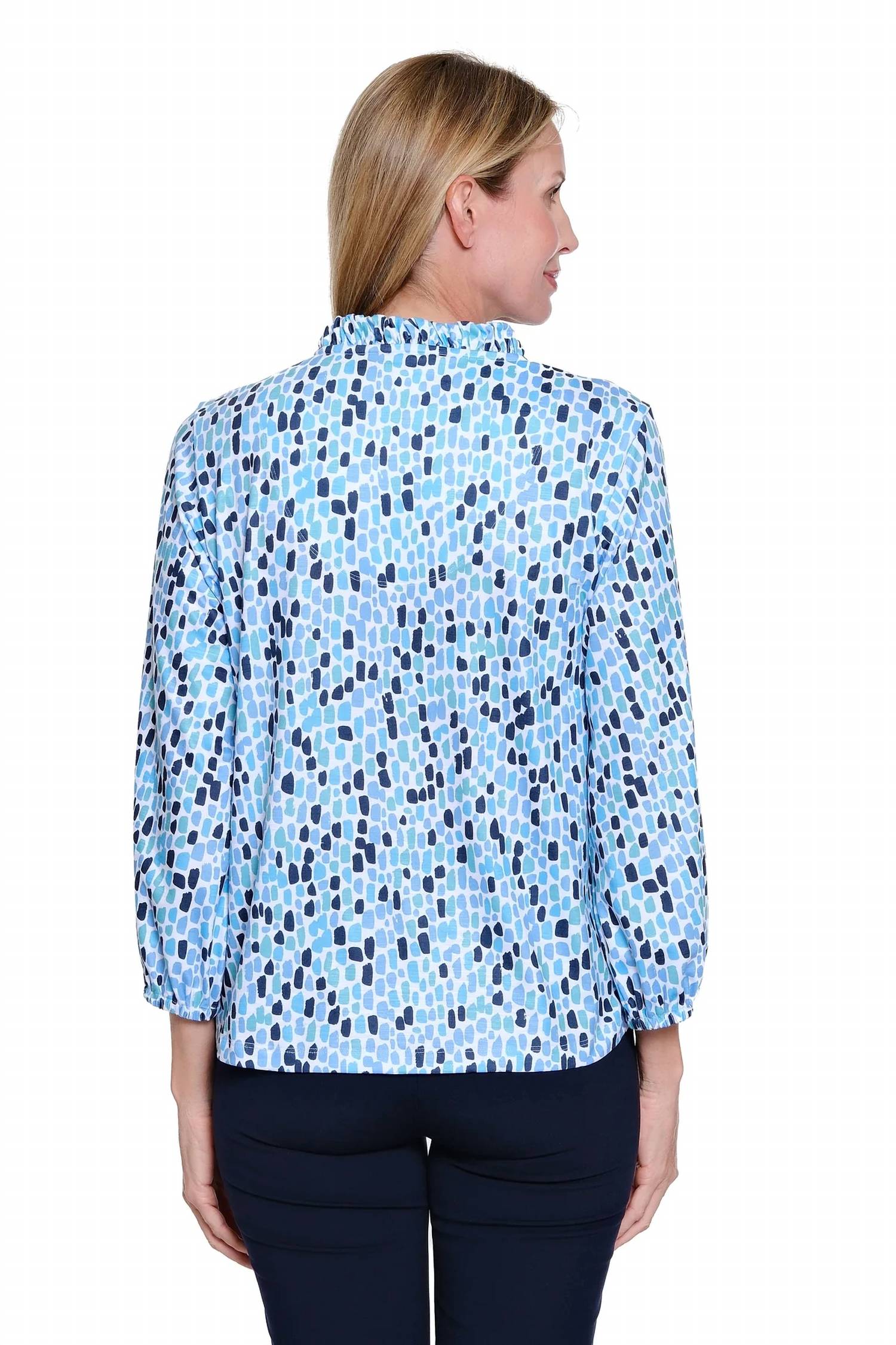 Multiples - Printed Slub Knit Top With Ruffle V-neck - Plus