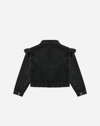 Rylee + Cru Girls' Ruffle Denim Jacket in washed black 1 - kids' jacket - detail view