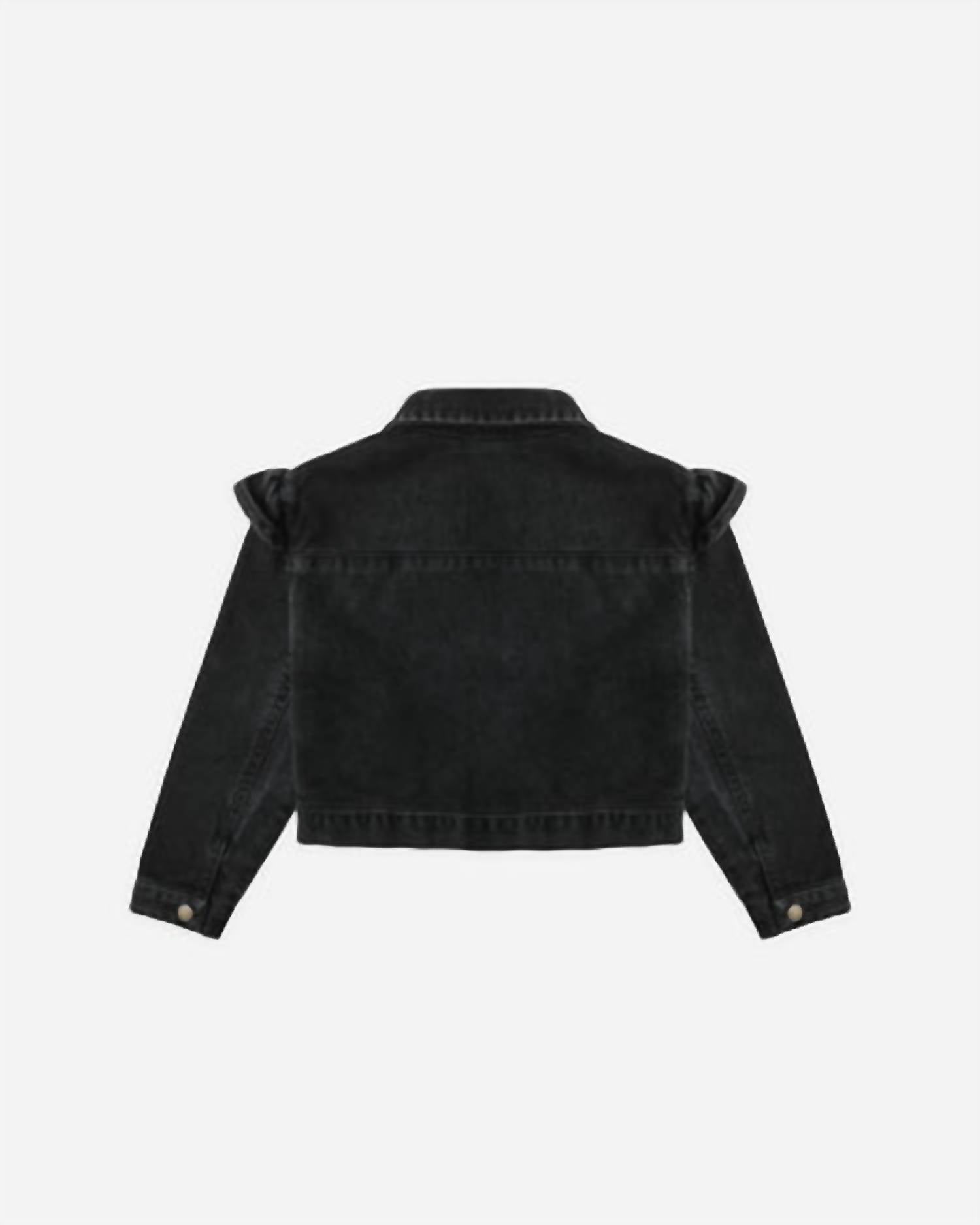 Rylee + Cru Girls' Ruffle Denim Jacket in washed black 1 - kids' jacket - detail view
