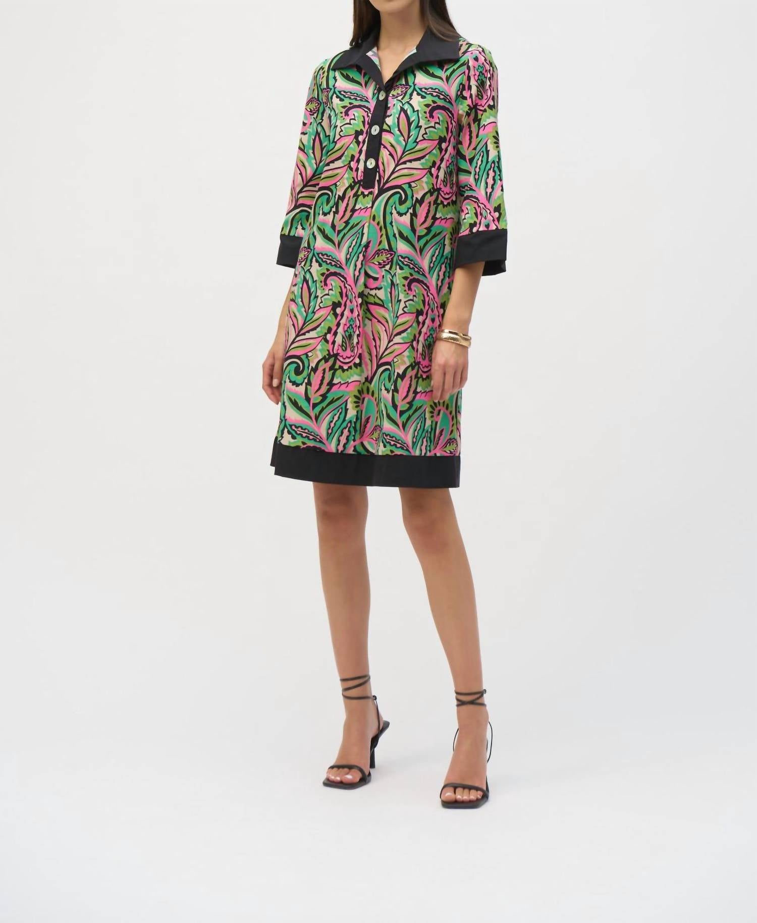 Joseph Ribkoff Poplin Paisley Print A-line Dress in pink green - women's dress