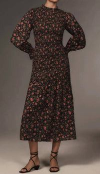 RHODE Women's Eliza Smocked Midi Dress in ink morlaix fleur - women's dress